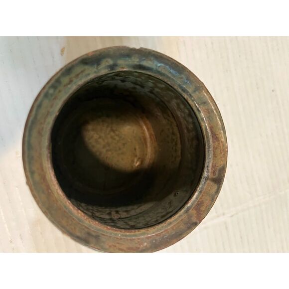 Vtg MCM Japan Redware Stoneware Vase Green Brown Leaf Design Rustic Pottery - Picture 3 of 6